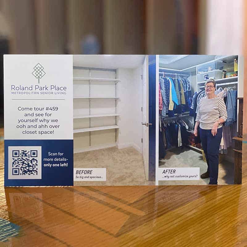 branded direct mail postcard made for Roland Park Place