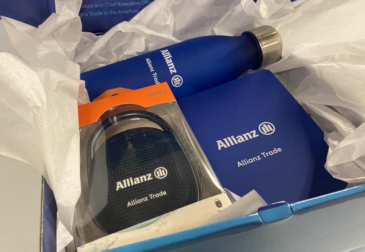 Allianz Trade promo box kitted with branded promotional products