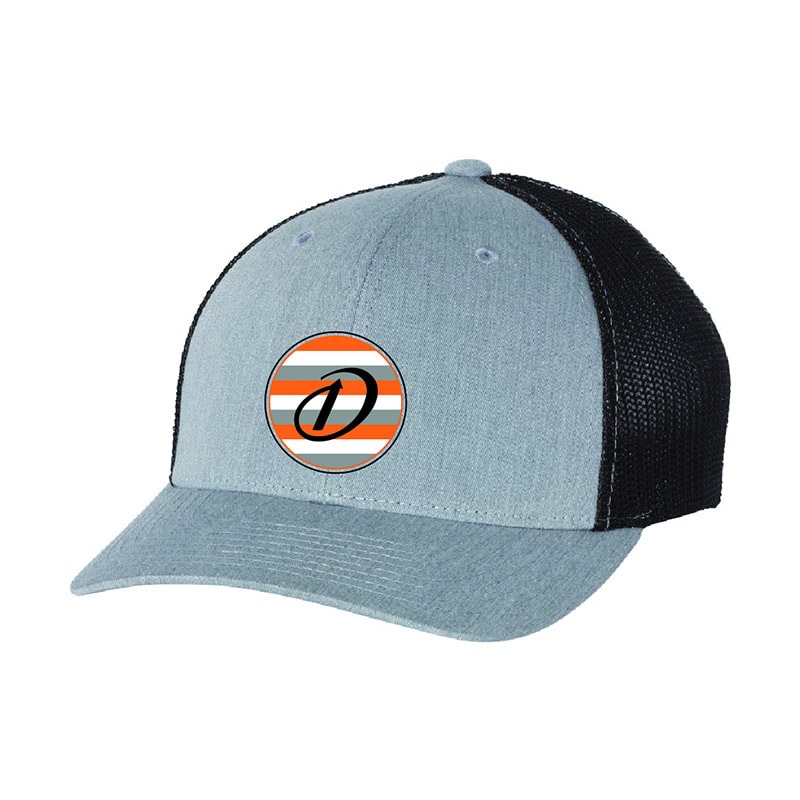branded grey trucker hat with black mesh back