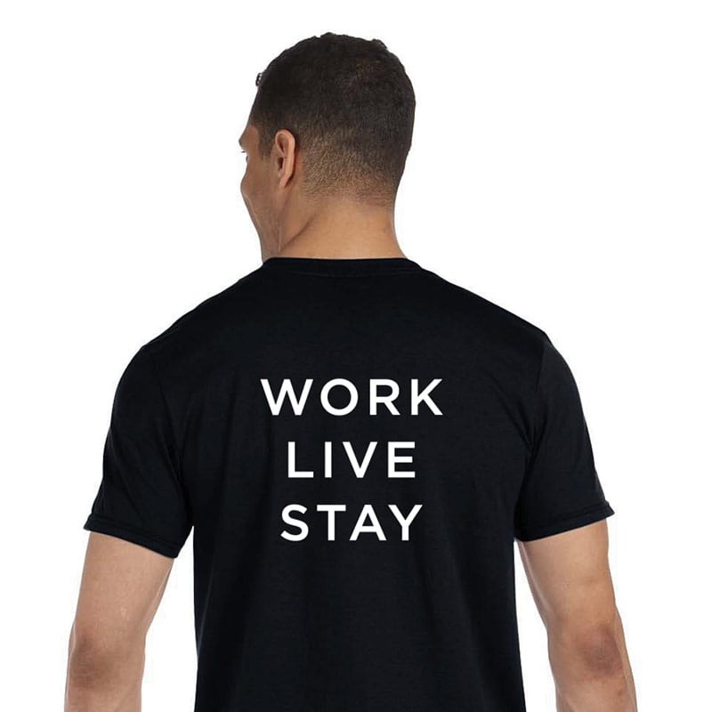 back of a branded black crew neck t-shirt