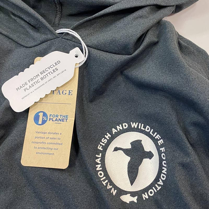 eco-friendly branded grey hoodie made from recycled plastic bottles