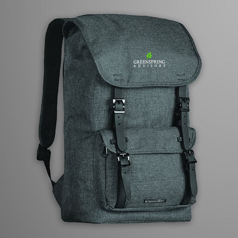 heather grey backpack with leather straps