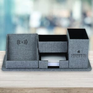 grey fabric desk organizer with wireless charging port