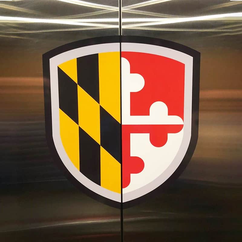 Branded elevator with a Maryland flag decal