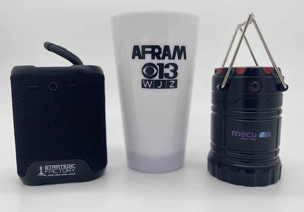 speaker, cup and lamp promotional items
