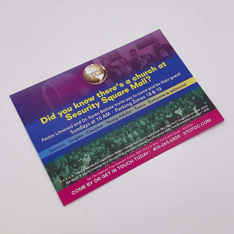 Church postcard printed and mailed to invite their community to their new Security Square Mall location