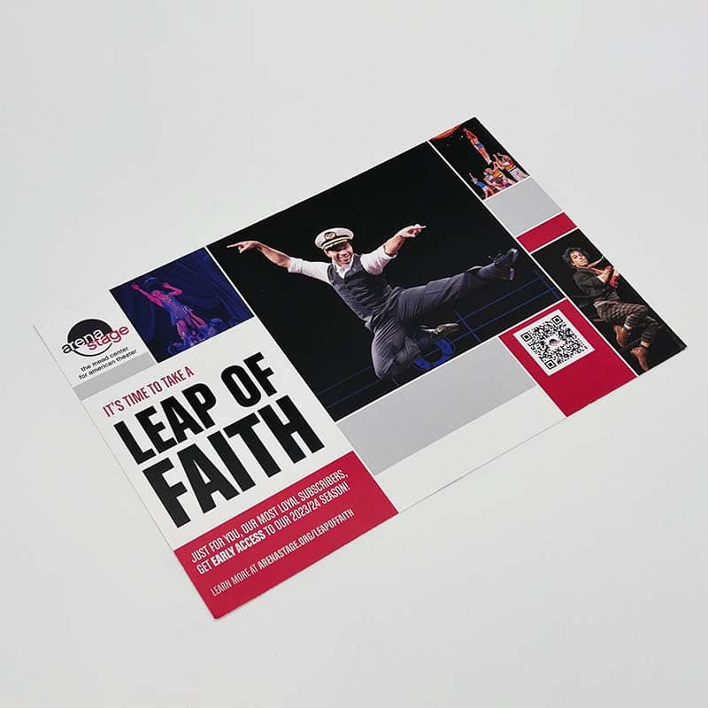 custom designed and printed postcard direct mail piece made for Arena Stage promoting early access to the 2023/2024 theater season with a QR code to learn more