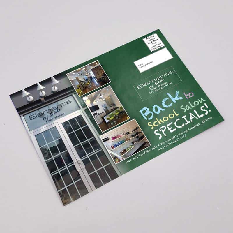 a direct mail postcard offering back to school specials for a hair salon in Frederick, Maryland