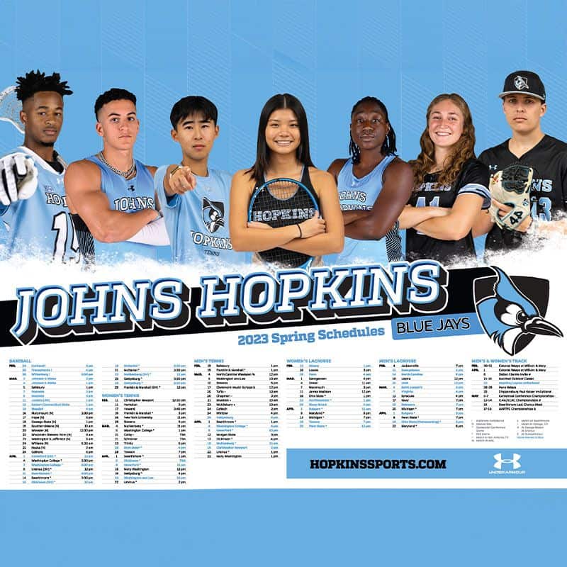 Johns Hopkins Student Athletes pose in Athletics Schedule Poster