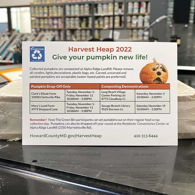 government postcard for Howard County Environmental Services calling community members to recycle their pumpkins at their annual Harvest Heap pumpkin drop-off for composting