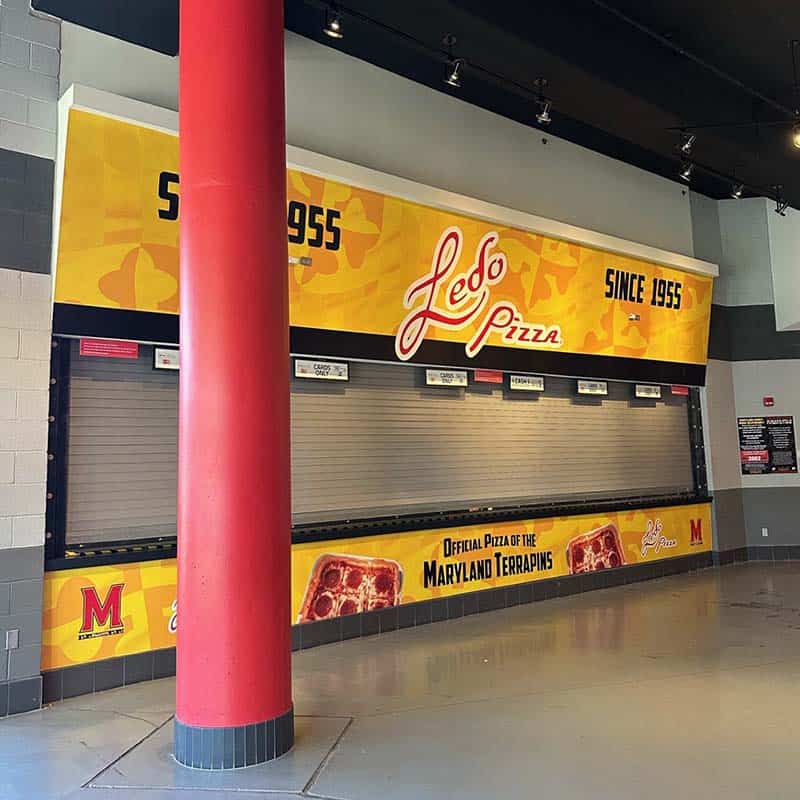 custom designed and printed concession stand graphics for brand awareness in an arena setting