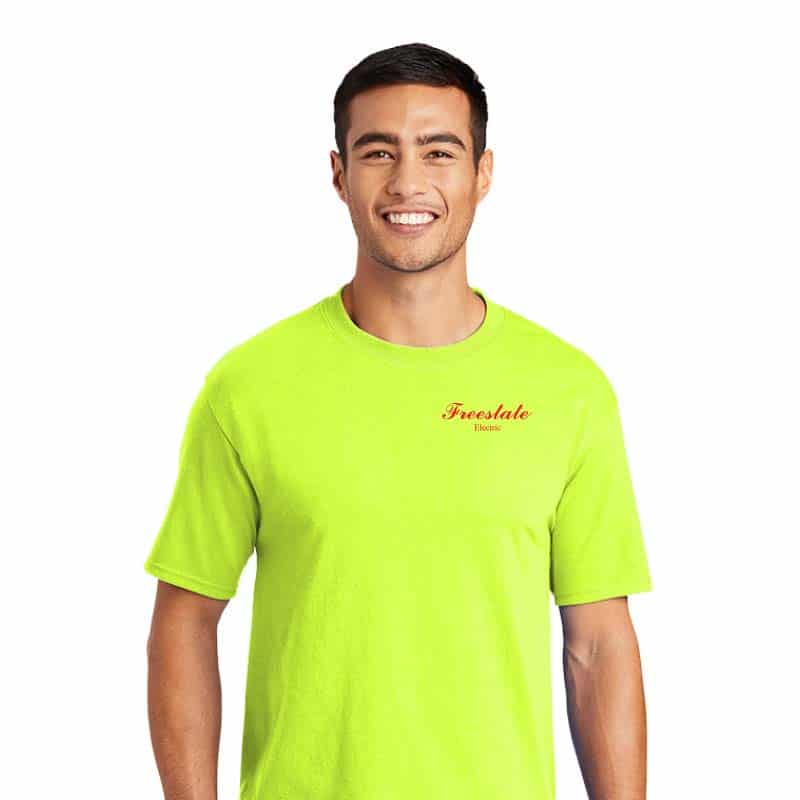 frontside view of bright neon safety shirts made for Freestate Electric