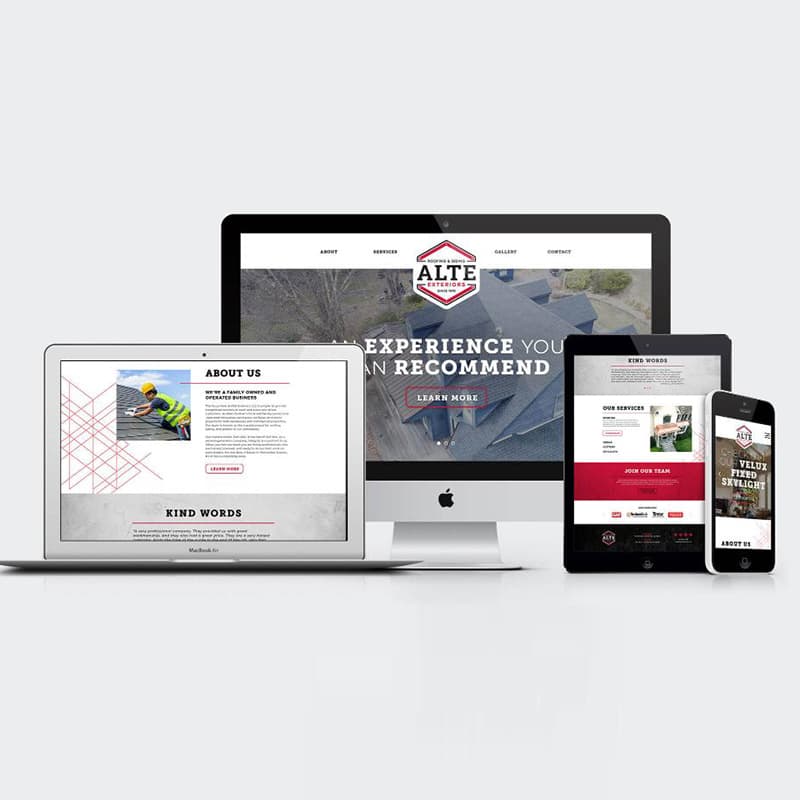Alte Exteriors website redesign shown on a desktop, laptop, ipad, and cell phone