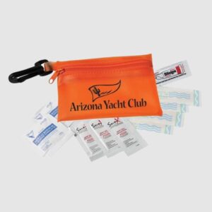 branded first aid kit in safety orange zipper pouch