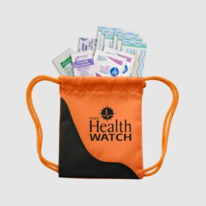 branded first aid kit in safety orange drawstring bag