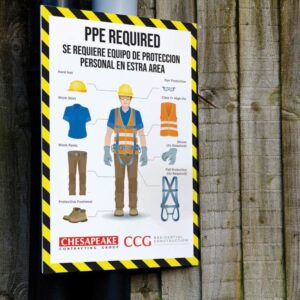 safety signage for hard hats, harness, hi vis, steel toe boots, and protective eyewear on jobsite