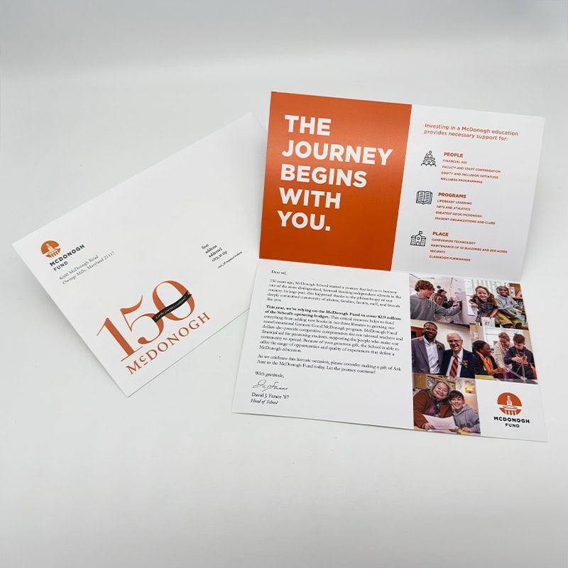 McDonogh School Donor Appeal Postcard and Envelop made by Strategic Factory.