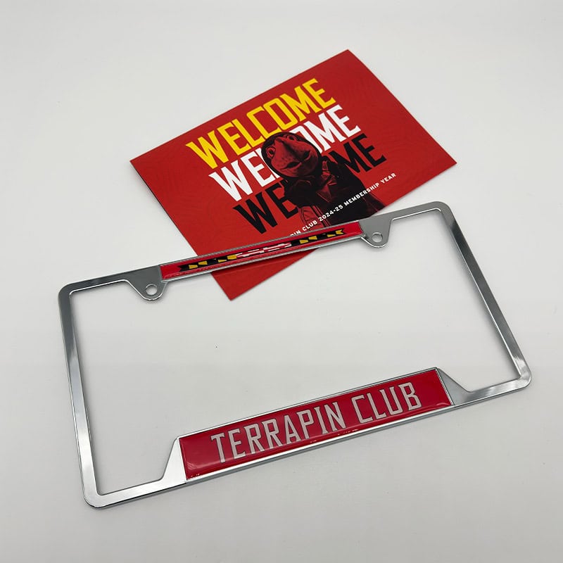 University of Maryland Membership self mailer unfolds to reveal branded license plate frame inside by Strategic Factory.