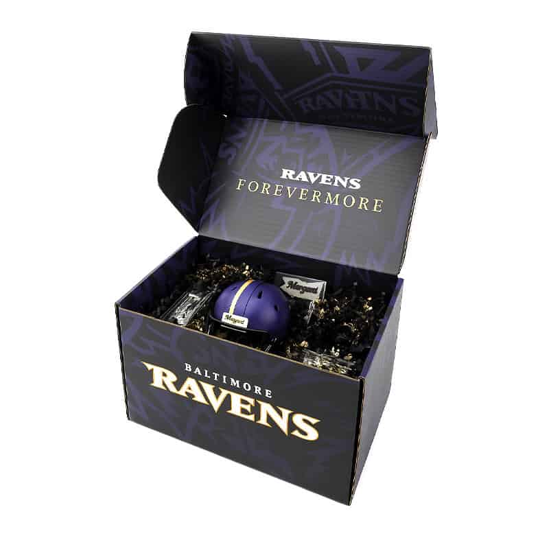Baltimore Ravens 30th anniversary custom PSL boxes with branded promotional items inside