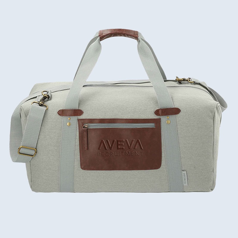 branded duffle bag with leather accents