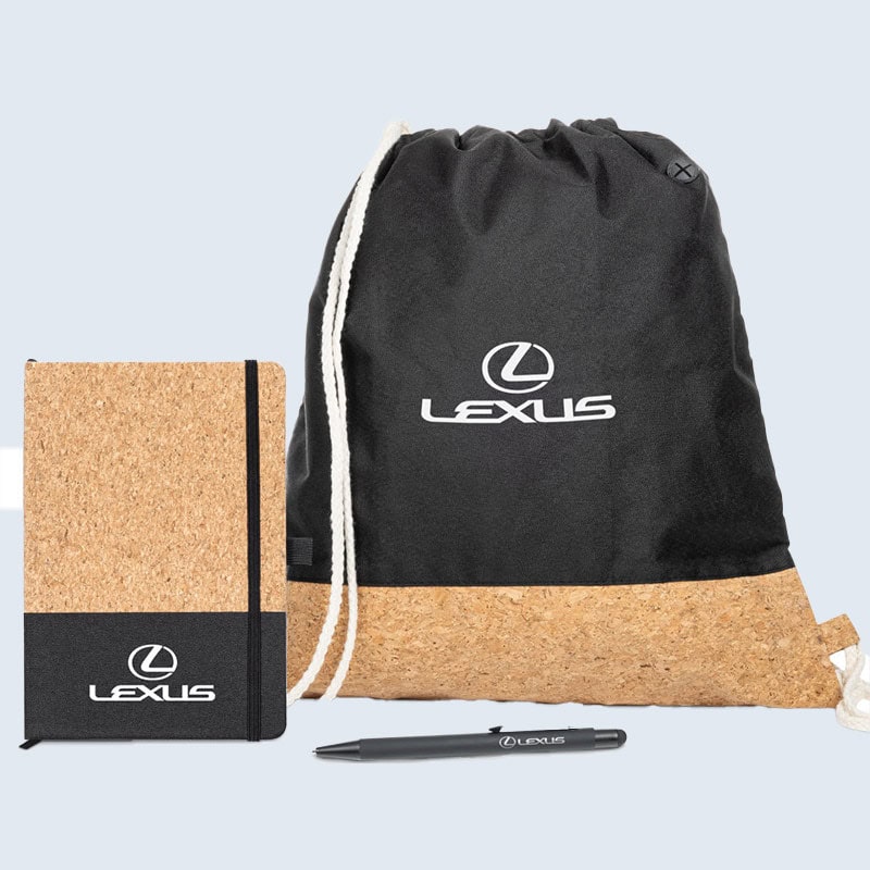 branded cork gift set with drawstring bag, journal, and pen