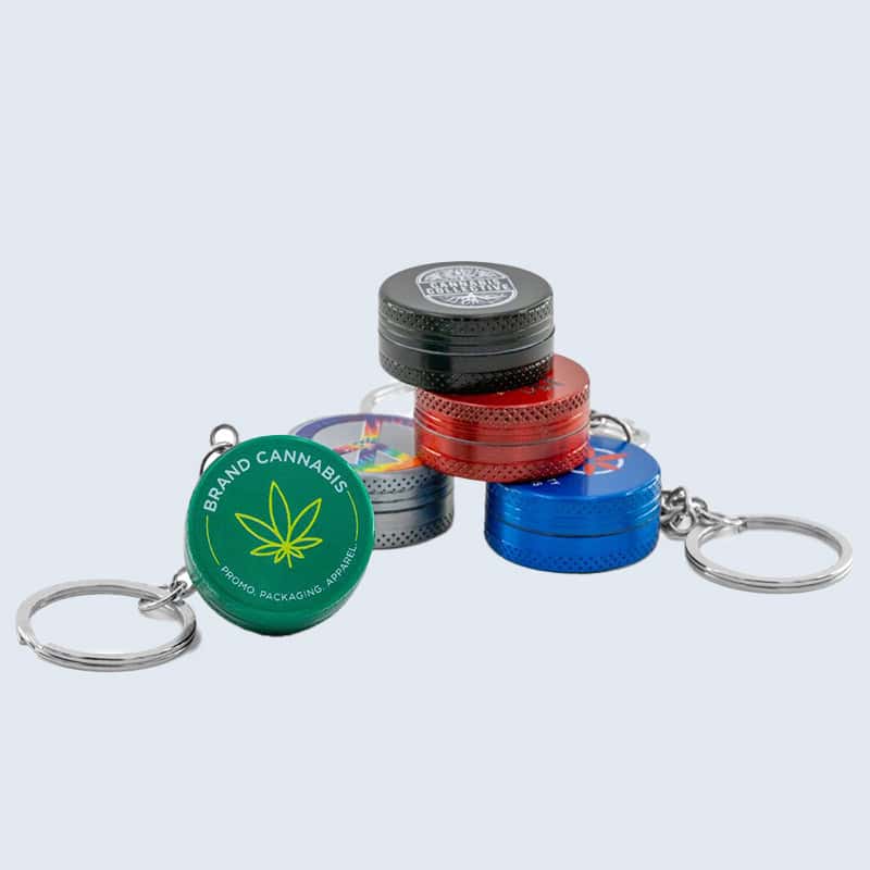 branded cannabis grinder keychain