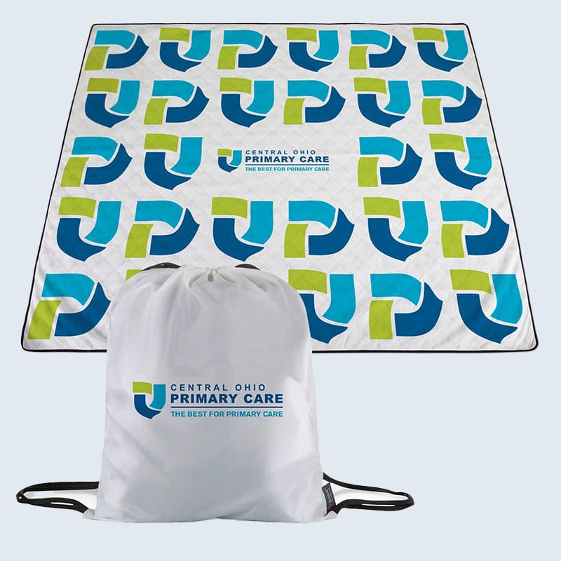 branded dye sublimated picnic blanket and draw string bag
