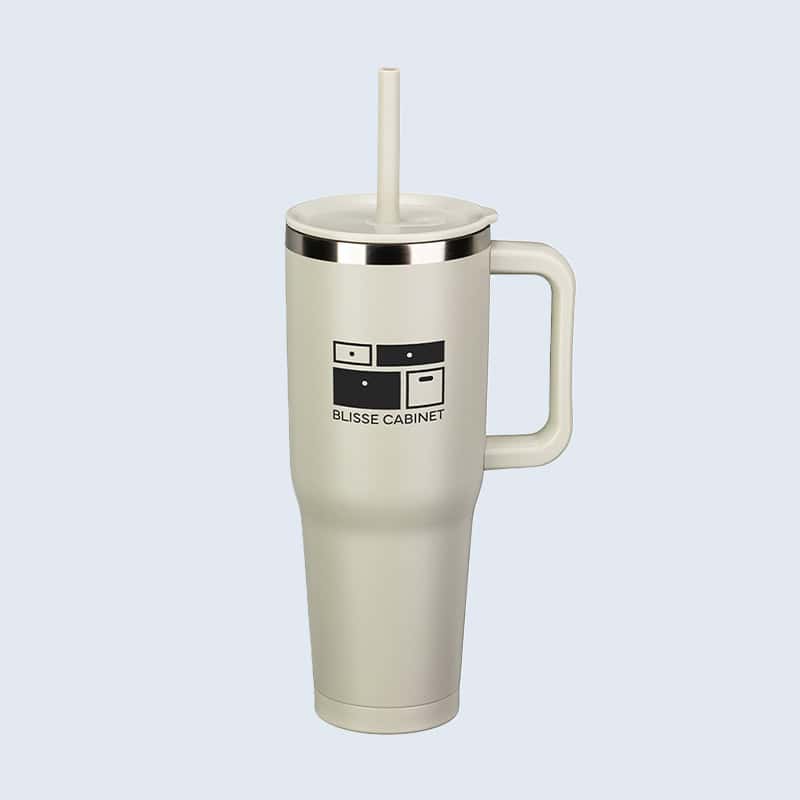 branded travel mug with straw