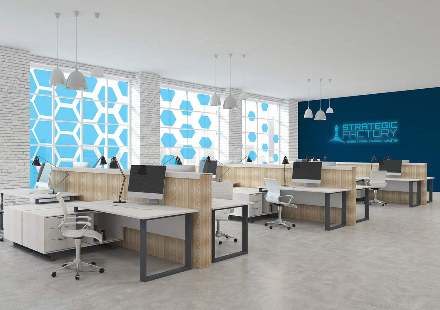office branding refresh with frosted glass graphics, wall graphics, and illuminated signage
